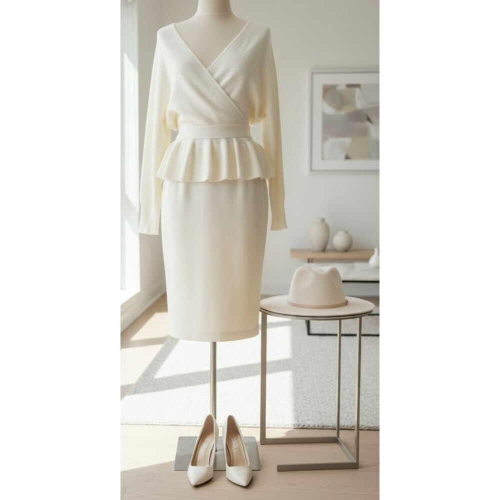 DESIGNER ZESICA IVORY PLUNGE NECKLINE LONG SLEEVE PEPLUM SWEATER SIZE LARGE